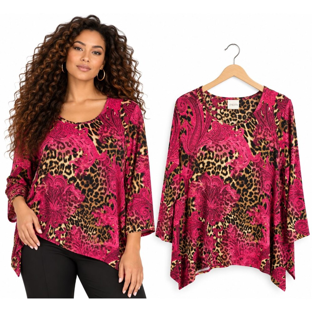 Chicos Asymmetric Knit Tunic Top Size Large Pink Brown Leopard Paisley Stretch